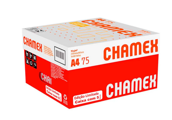 Papel Sulfite A4, 75g, 210x297, Alcalino, Branco - Caixa com 5 resmas, Chamex CX 2500 FL